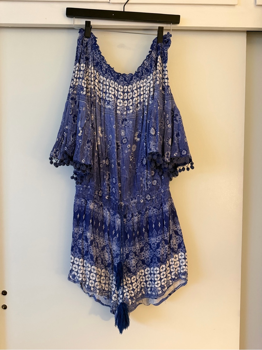 RAGA Blue Printed Off-Shoulder Tunic Romper with Tassel